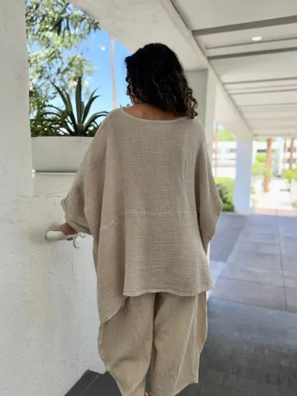 Women's Linen Cotton Blend Oversized Long Sleeve Top & Wide Leg Pants Two Piece Set