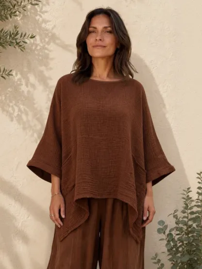 Women's Linen Cotton Blend Oversized Long Sleeve Top & Wide Leg Pants Two Piece Set