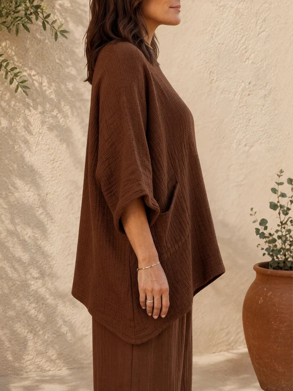 Women's Linen Cotton Blend Oversized Long Sleeve Top & Wide Leg Pants Two Piece Set