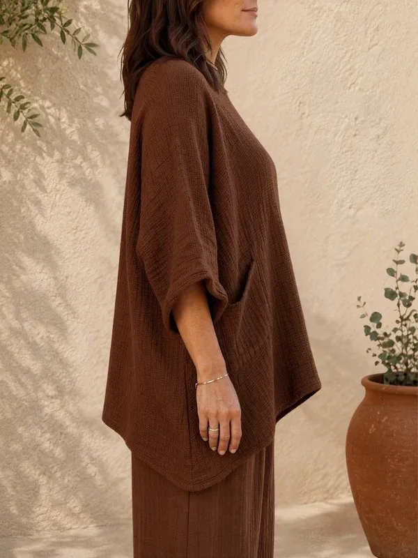 Women's Linen Cotton Blend Oversized Long Sleeve Top & Wide Leg Pants Two Piece Set