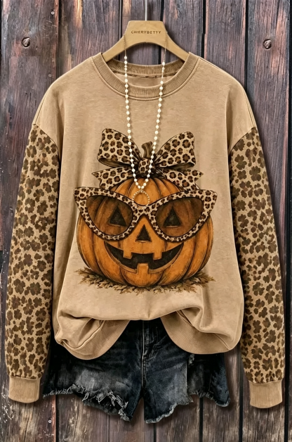 Vintage Halloween Leopard Pumpkin Print Sweatshirt