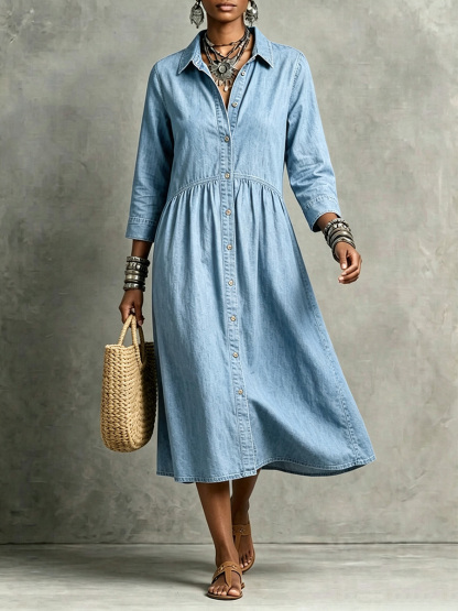 【Buy 2 Free Shipping】CLEARANCE🔥 Vintage-Inspired Button Front Denim Midi Dress