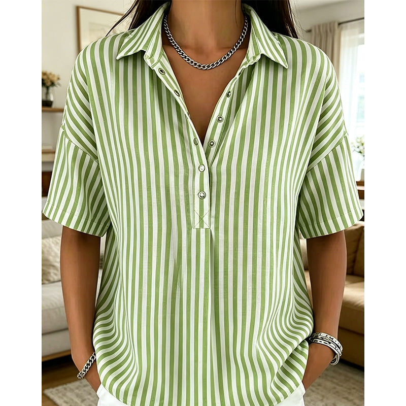 Women's Striped Short-Sleeve Shirt – Relaxed Fit, V Neck, 9 Colors 🍂