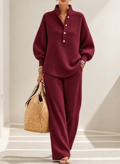 Women's Stand Collar Button Loose Sweatshirt Wide Leg Pants 2 Piece Casual Outfit Set