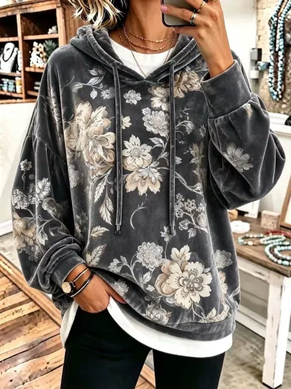 Vintage Floral Velour Drawstring Hoodie