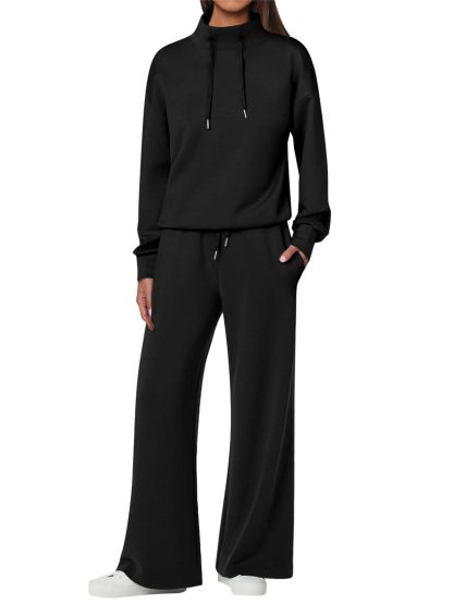 NEW 🔥 Women's Cotton Two-Piece Oversized Drawstring Sweatshirt Wide Leg Sweatpants Casual Set