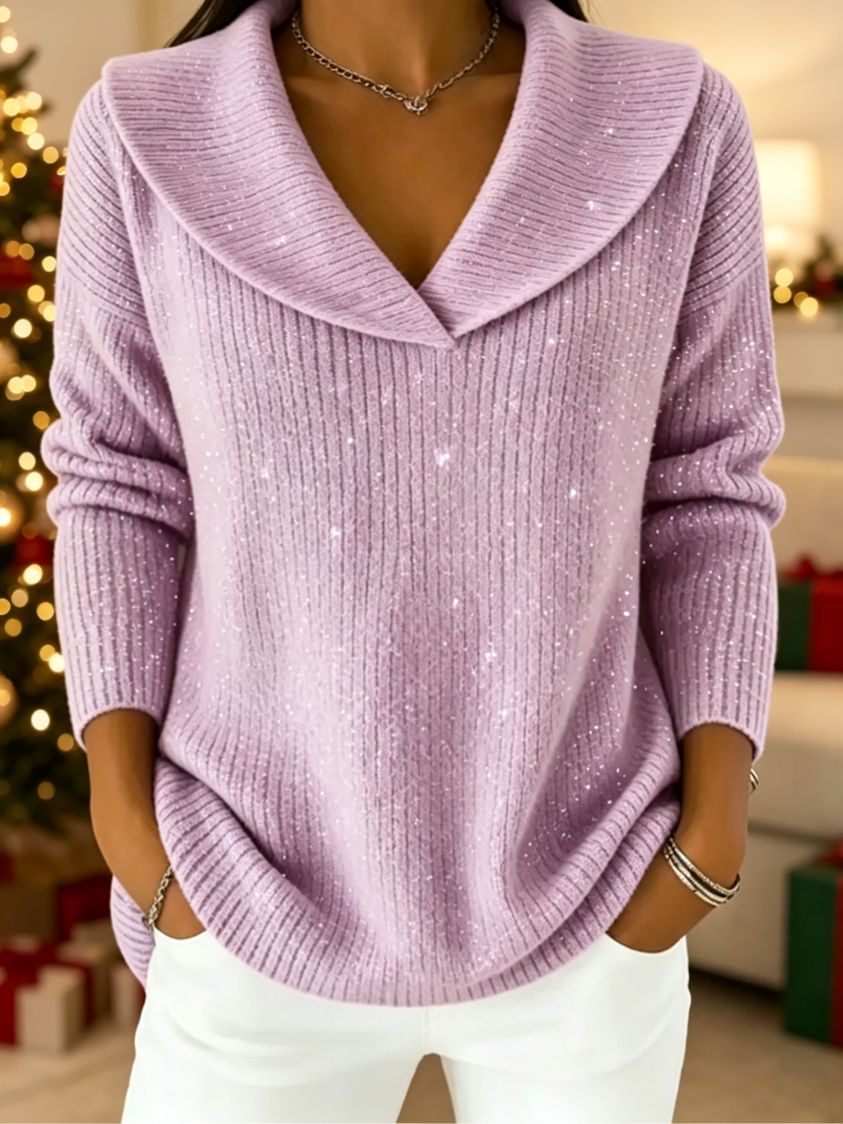 🎅 HOT SALE💥 Women's Lapel V Neck Ribbed Knit Shiny Sweater