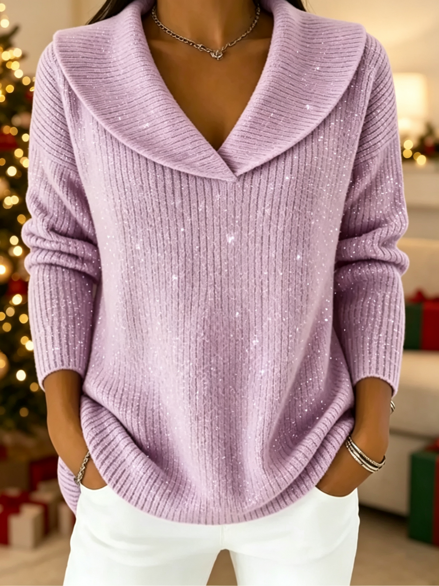 🎅 HOT SALE💥 Women's Lapel V Neck Ribbed Knit Shiny Sweater