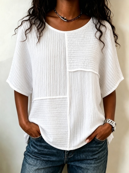 🔥CLEARANCE SALE🔥Women's Textured Patchwork Top with Round Neck and Short Sleeves