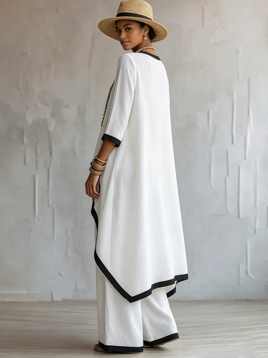 【Buy 2 Free Shipping】Stylish Cotton-linen Two-piece Set With Elegant Color-contrast Trim