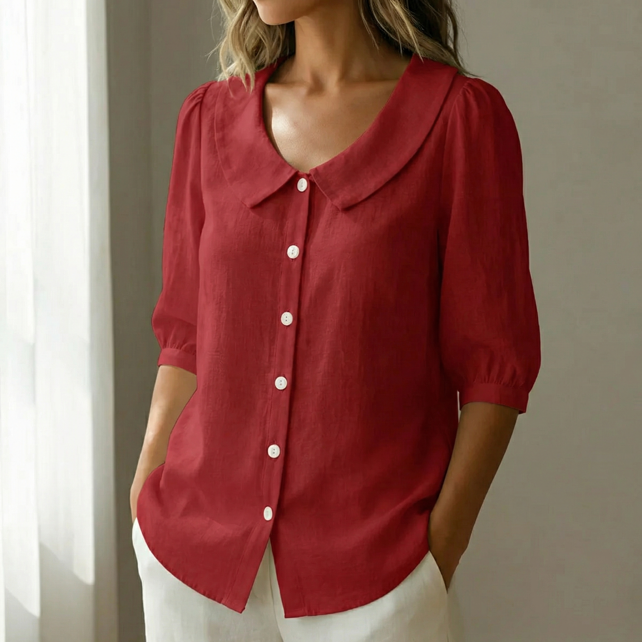 Retro Peter Pan Collar Button Up Blouse