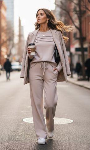 Women's Crew Neck Lounge Set - Soft Cotton Top & Drawstring Pants