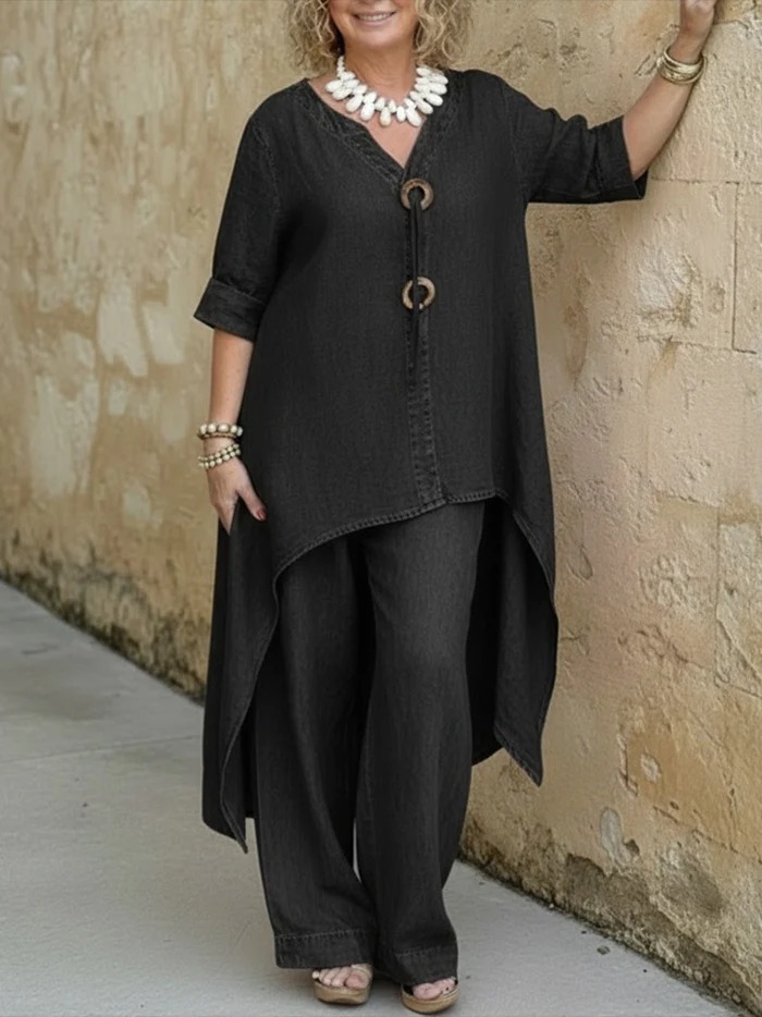 Plus Size Daily Casual Blue V Neck Half Sleeve Asymmetric Hem Wide Leg Tencel Denim Two Piece Pant Sets