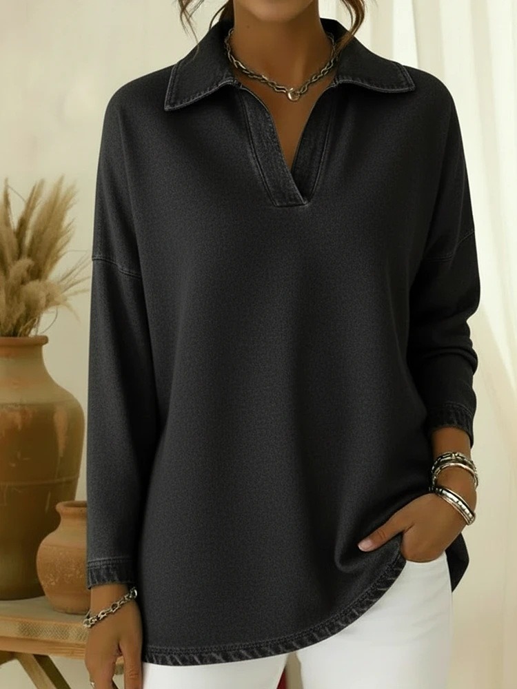 Women's Solid-Color Loose-Fit Long-Sleeve V-Neck Denim Shirt