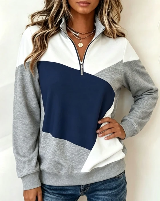 Colour Block Half Zip Stand Collar Sweatshirt
