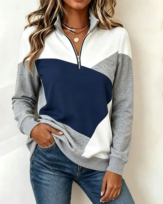 Colour Block Half Zip Stand Collar Sweatshirt