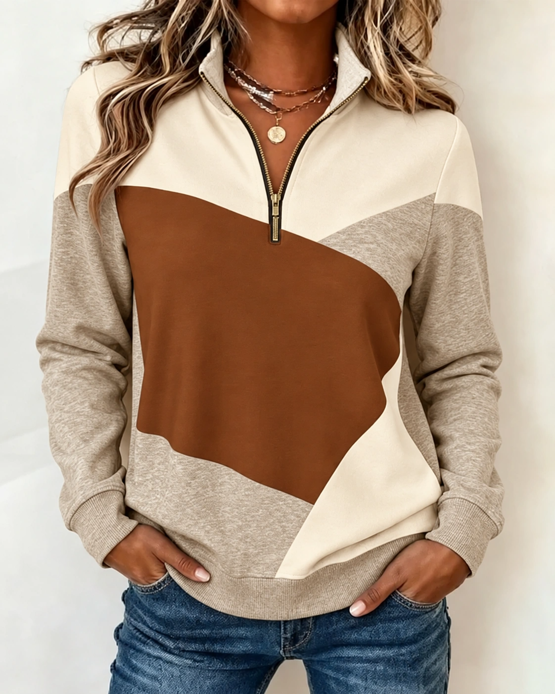 Colour Block Half Zip Stand Collar Sweatshirt