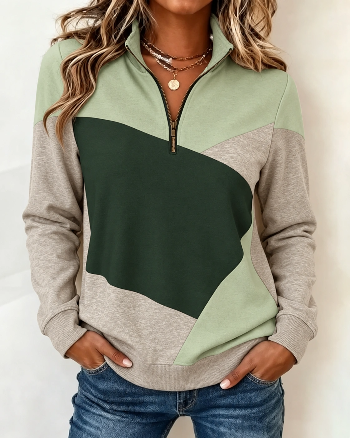 Colour Block Half Zip Stand Collar Sweatshirt