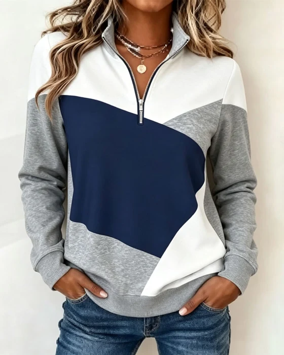 Colour Block Half Zip Stand Collar Sweatshirt