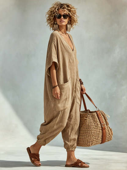 Oversized Linen-look Cotton V-neck Harem Jumpsuit