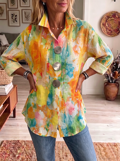 Artistic Watercolor Palette Print Metal-button Shirt