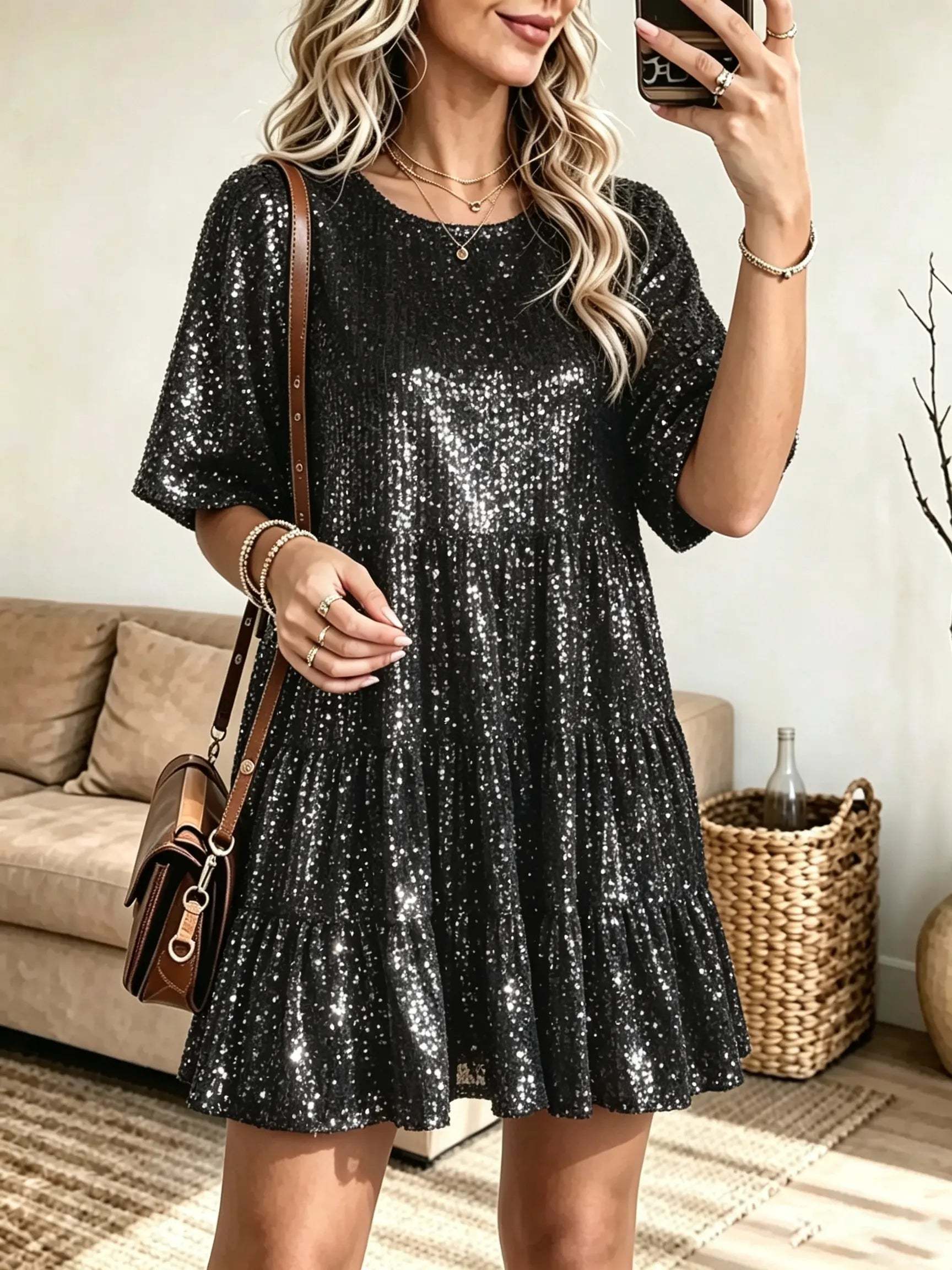 Women's Sequin Tiered A-Line Mini Dress