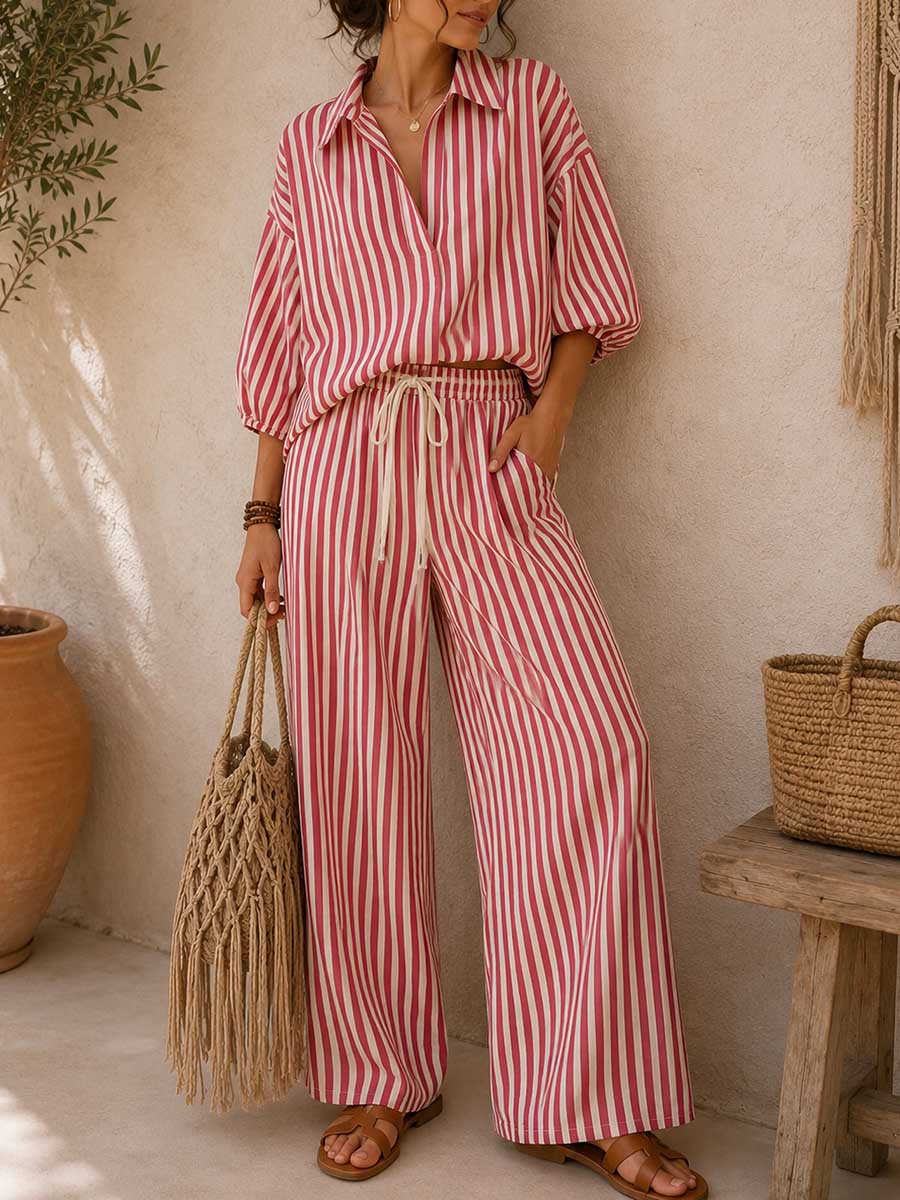 Women's Striped Print Cotton-linen Set: Loose-fit Top With Lapel & 3/4 Sleeves, And High-waisted Wide-leg Pants