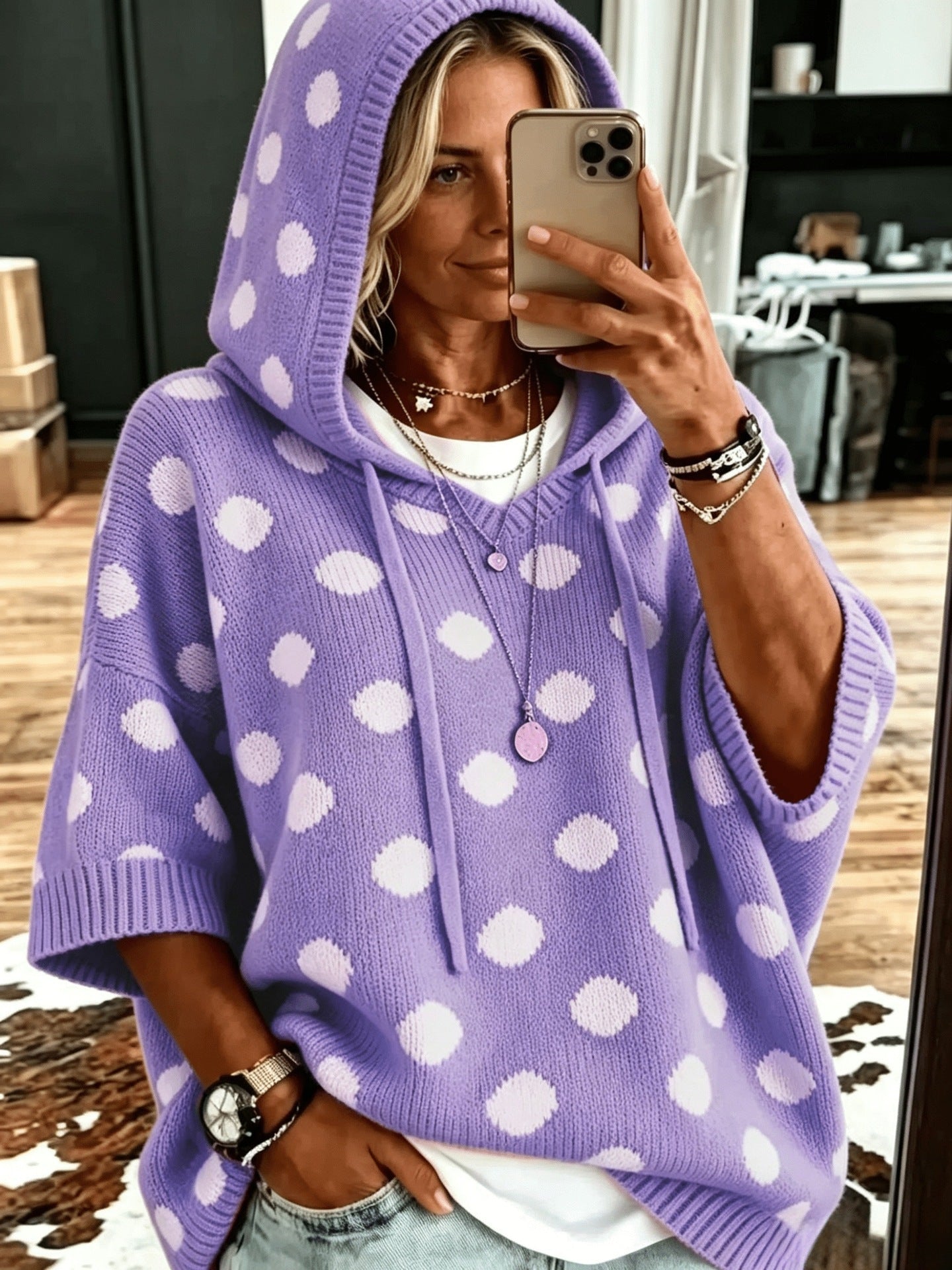 【Buy 2 Free Shipping】Casual Hooded Polka-dot Knit Pullover