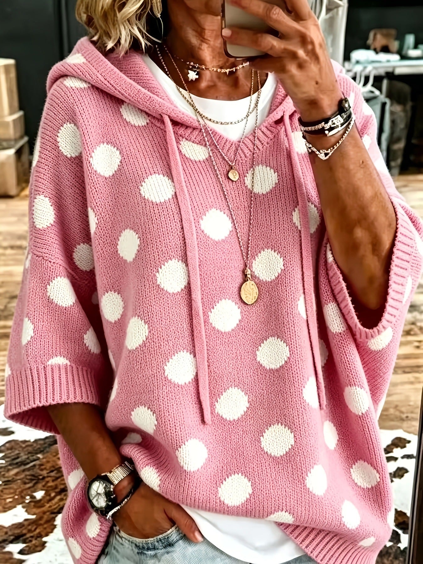 【Buy 2 Free Shipping】Casual Hooded Polka-dot Knit Pullover