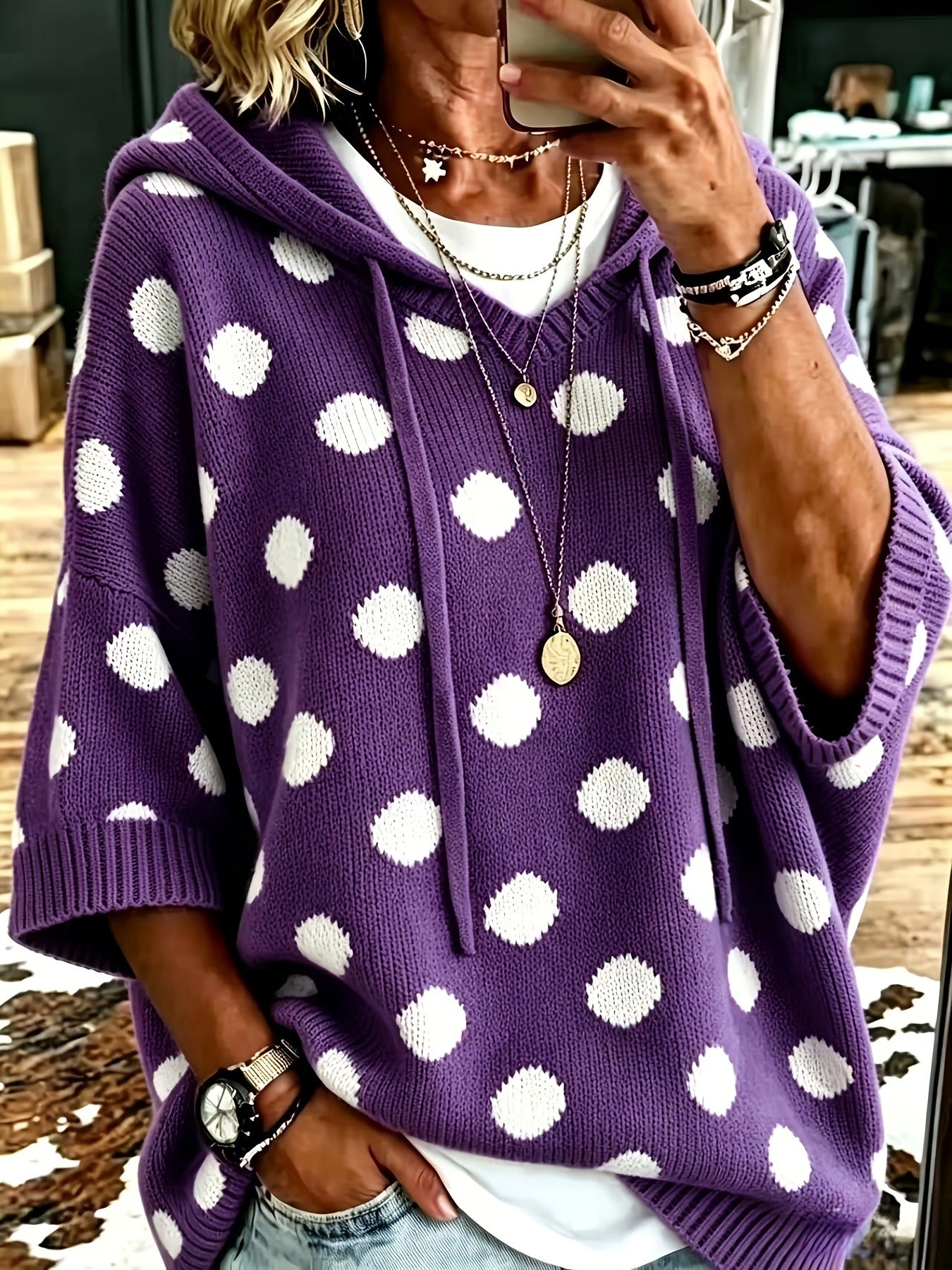 【Buy 2 Free Shipping】Casual Hooded Polka-dot Knit Pullover