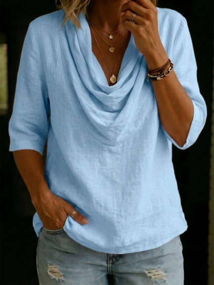 Cowl Neck Shirts for Women 3/4 Sleeve Comfy Casual Cotton Linen Tee Tops Summer Beach Boho Vacation Blouses