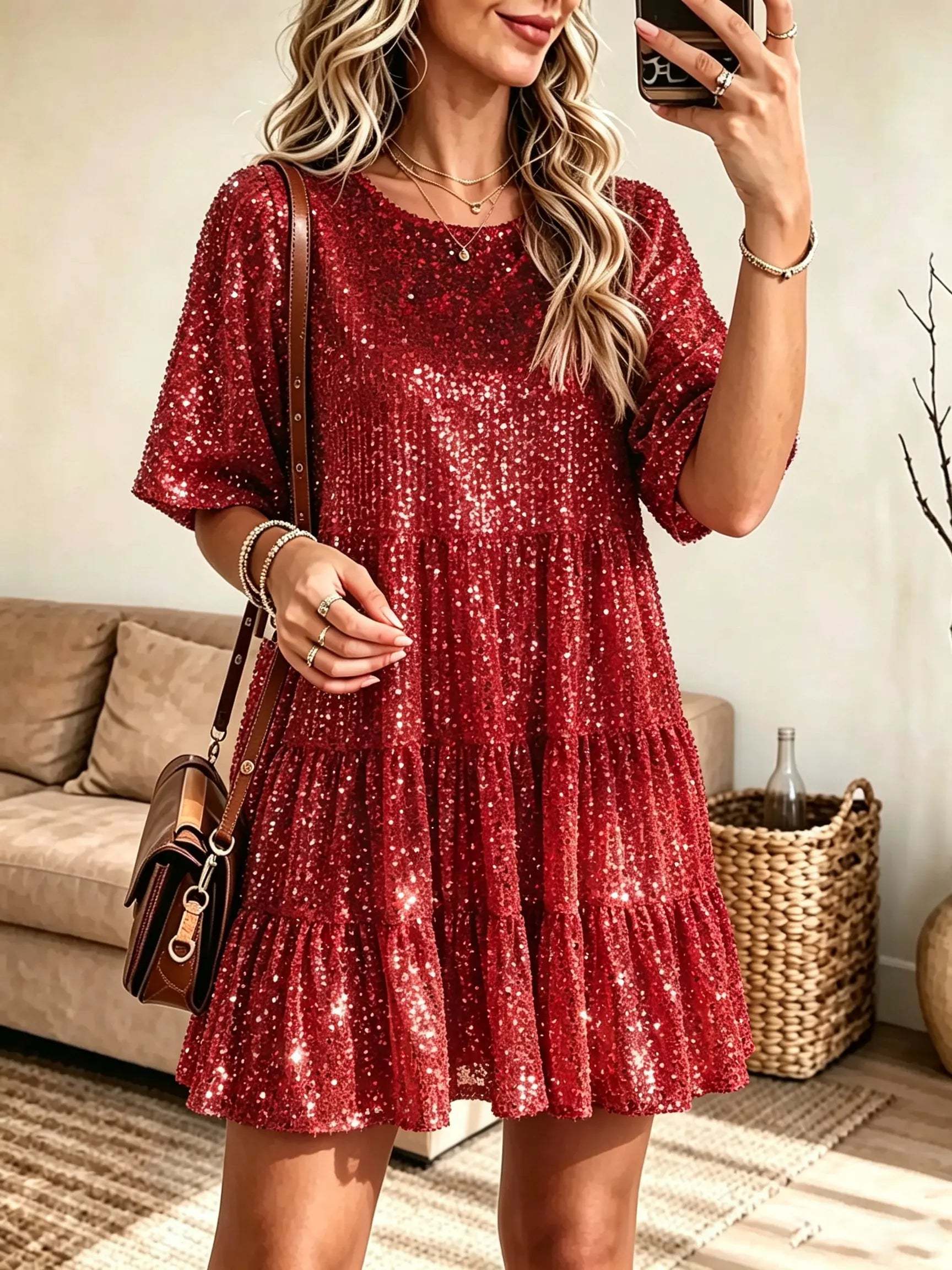 Women's Sequin Tiered A-Line Mini Dress