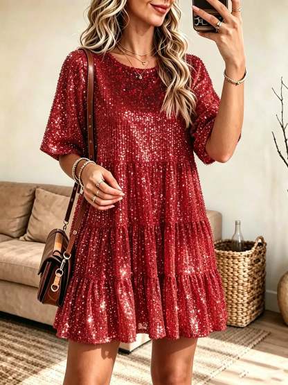 Women's Sequin Tiered A-Line Mini Dress