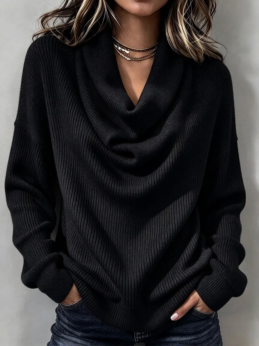 Women's Cowl Neck Knit Sweater, Long Sleeve Solid Pullover Top