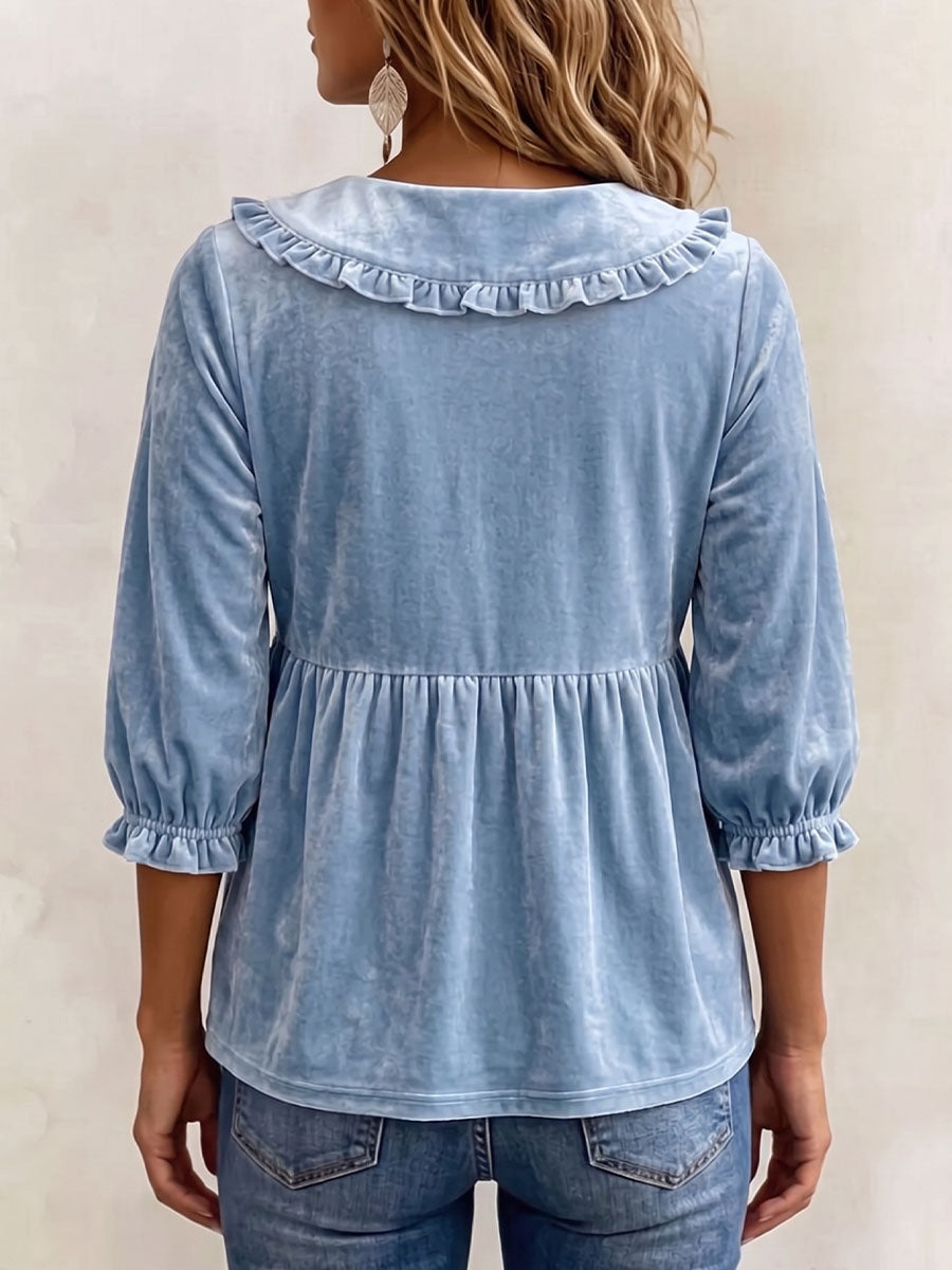 【Buy 2 Free Shipping】Women's Solid Color Peter Pan Collar 3/4 Sleeve Casual Loose Velvet Top