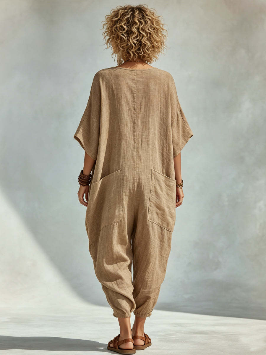 Oversized Linen-look Cotton V-neck Harem Jumpsuit