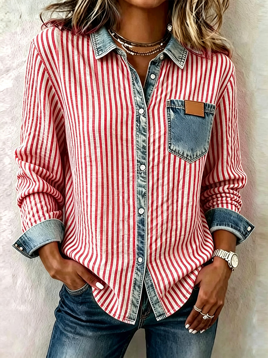 Women's Striped Spliced Denim Collar Long Sleeve Shirt
