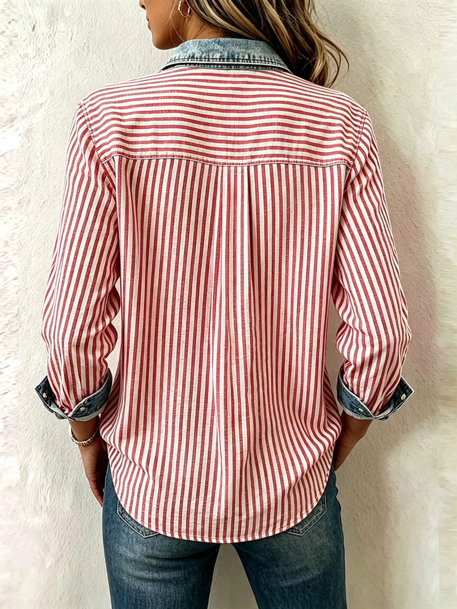 Women's Striped Spliced Denim Collar Long Sleeve Shirt