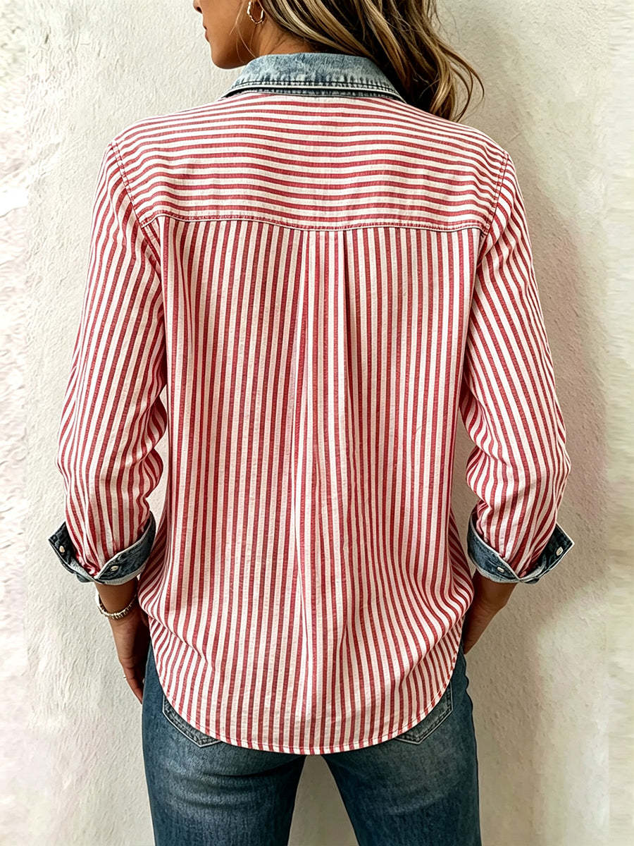 Women's Striped Spliced Denim Collar Long Sleeve Shirt