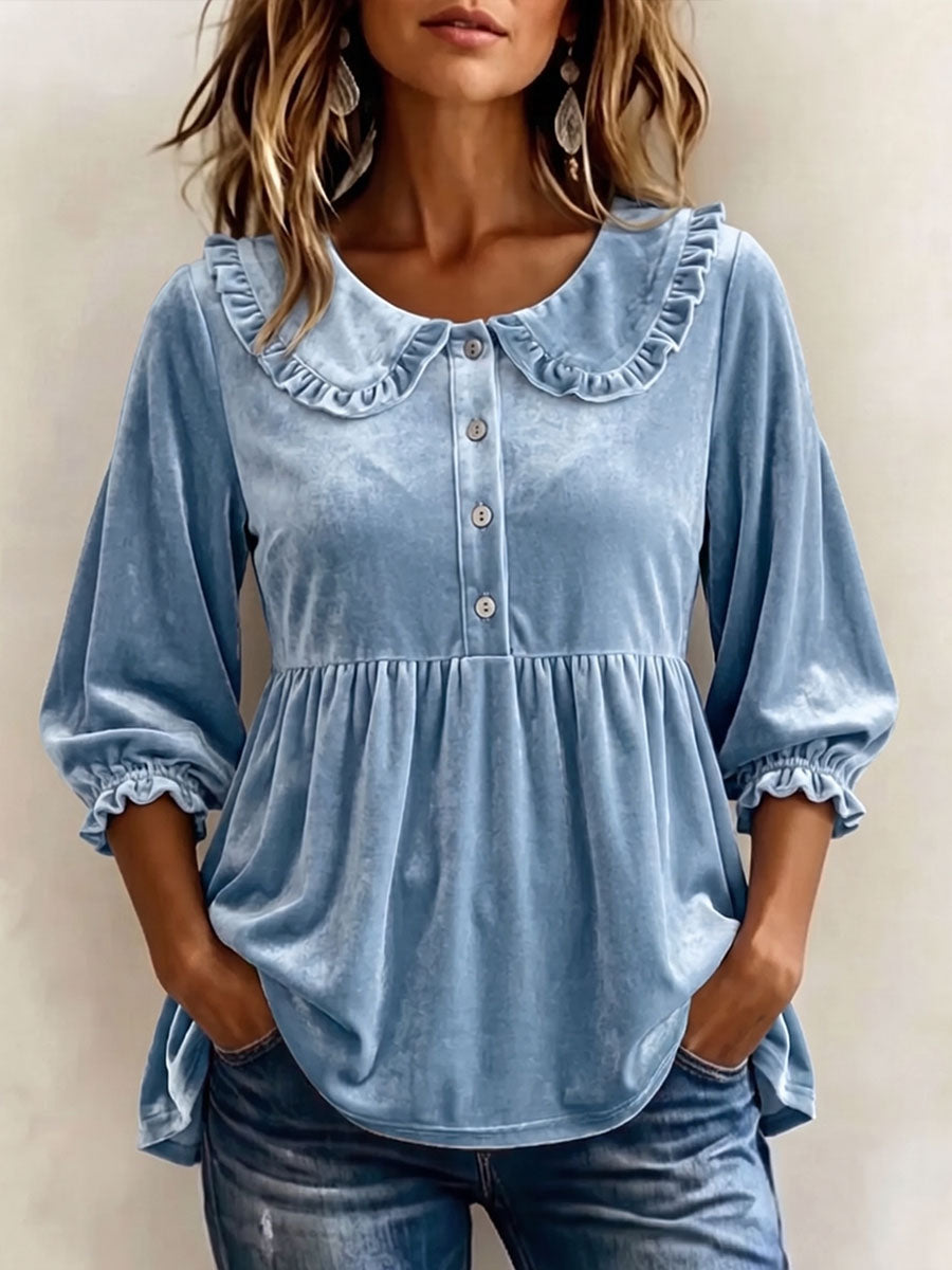 【Buy 2 Free Shipping】Women's Solid Color Peter Pan Collar 3/4 Sleeve Casual Loose Velvet Top