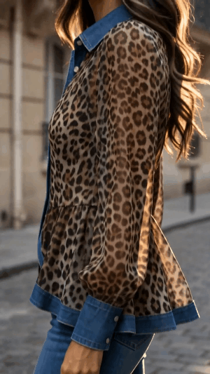 Casual & Stylish Spliced denim And Leopard Print Shirt