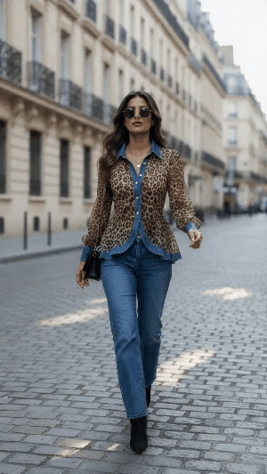 Casual & Stylish Spliced denim And Leopard Print Shirt