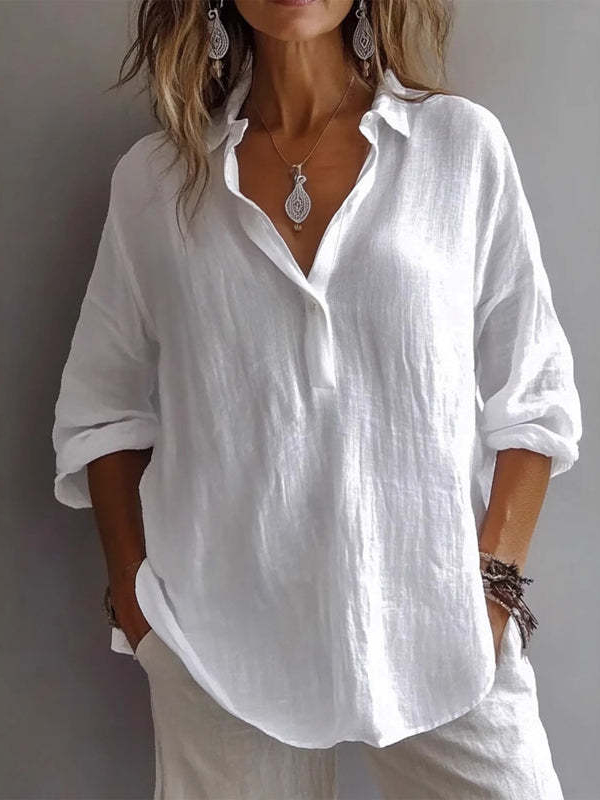 Women Lapel Half Button Long Sleeve Blouse Top
