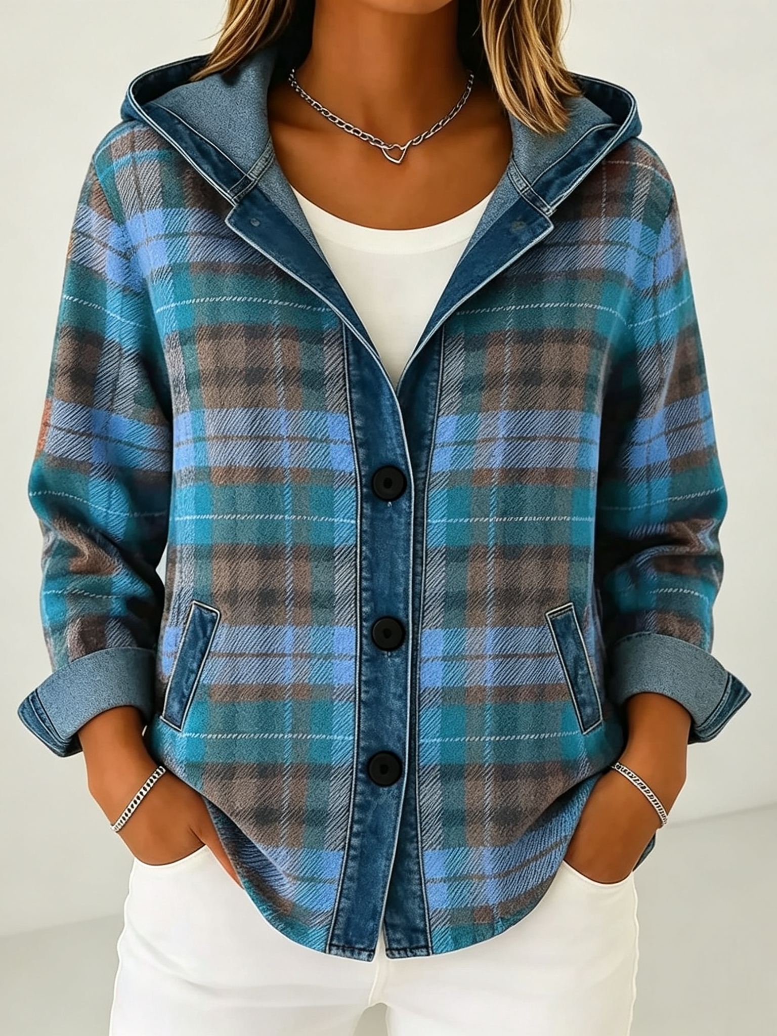 Women's Plaid Print Denim Long Sleeve Casual Loose Hooded Cardigan