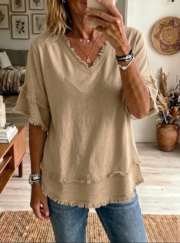 Women's Linen Blend Fringe V-Neck Top