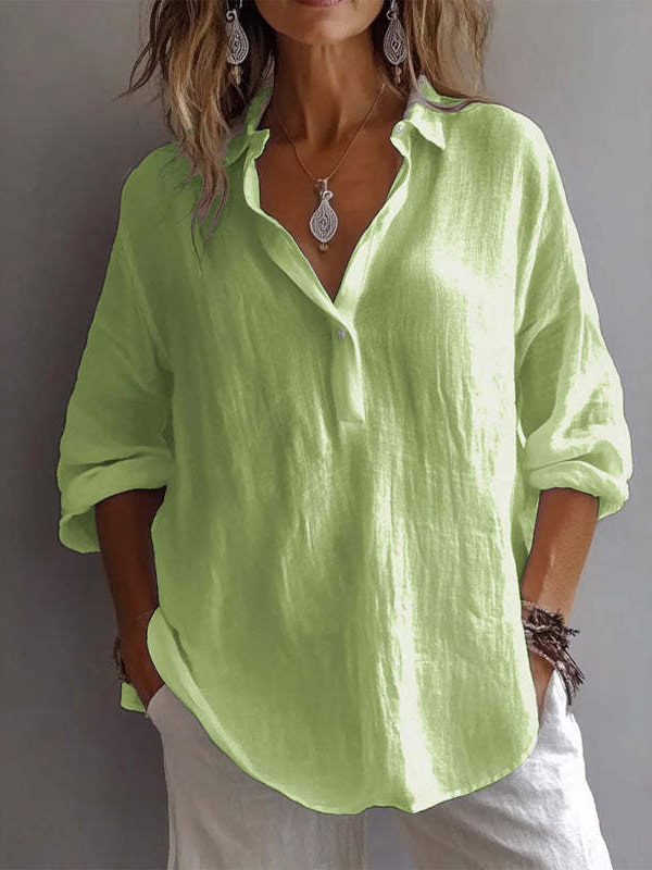 Women Lapel Half Button Long Sleeve Blouse Top