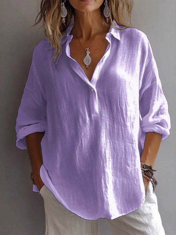 Women Lapel Half Button Long Sleeve Blouse Top