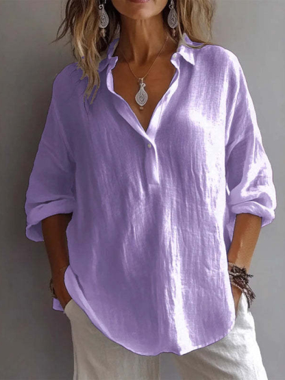 Women Lapel Half Button Long Sleeve Blouse Top