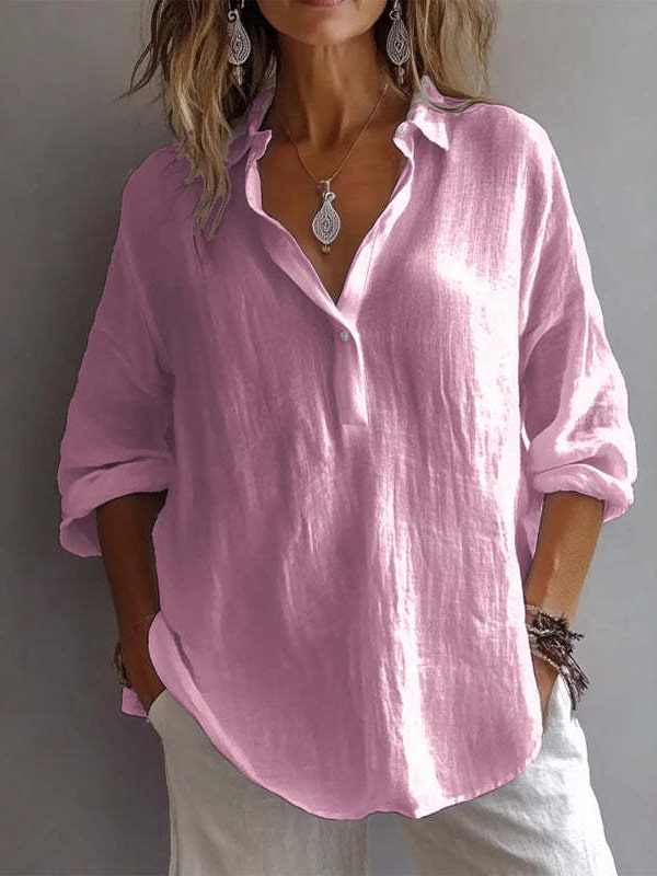 Women Lapel Half Button Long Sleeve Blouse Top