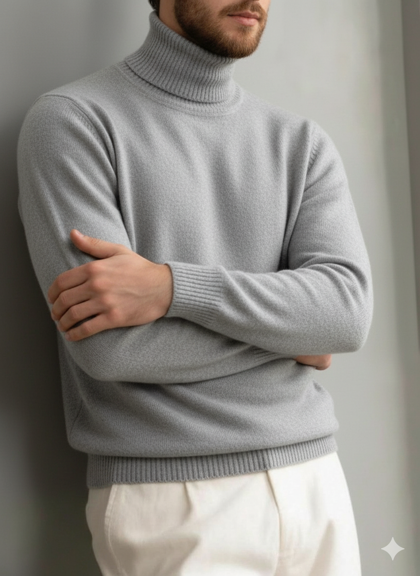 Men's comfortable textured cashmere turtleneck warm sweater